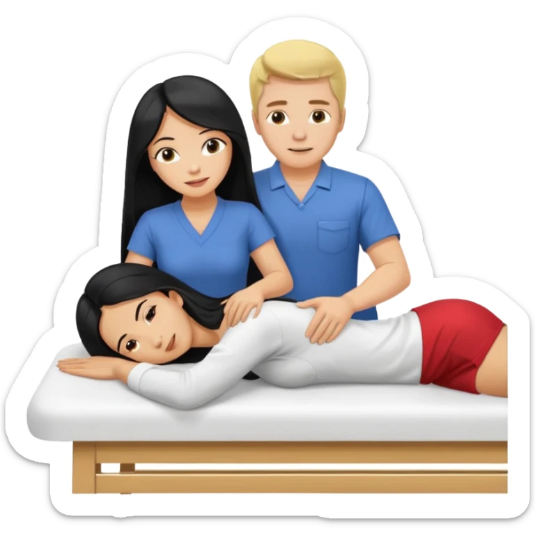 Philippines woman with long hair is on massage table. a blond white man is massaging her sticker
