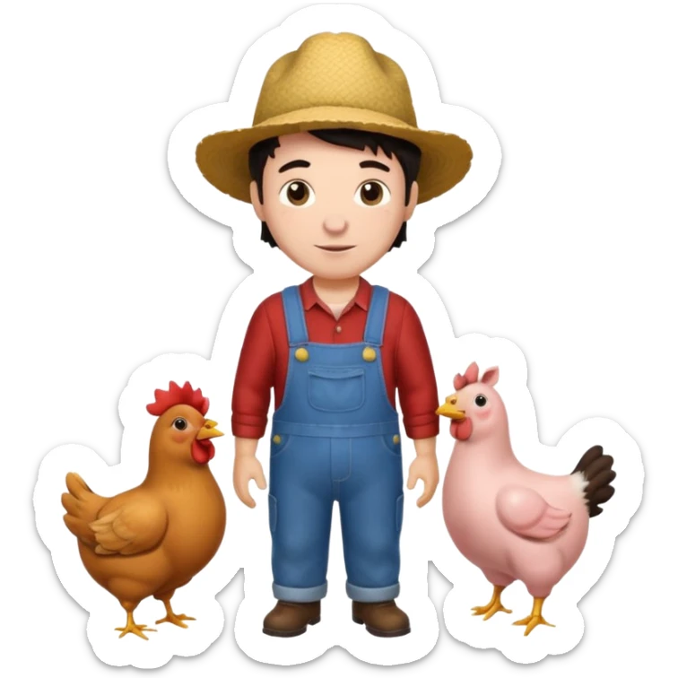 UN HOMBRE VESTIDO DE GRANJERO PIEL CLARA Y PELO OSCURO CON UNA GALLINA UN CERDO Y UNA VACA ALREDEDOR sticker