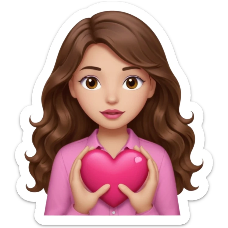 girl with long wavy brown hair, brown eyes, light to medium complexion, in a pink shirt, pink lips, long lashes, squeezing a big heart sticker