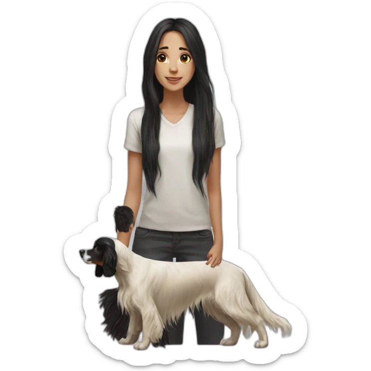hyperrealist caucasian girl black long hair with brown english setter dog sticker
