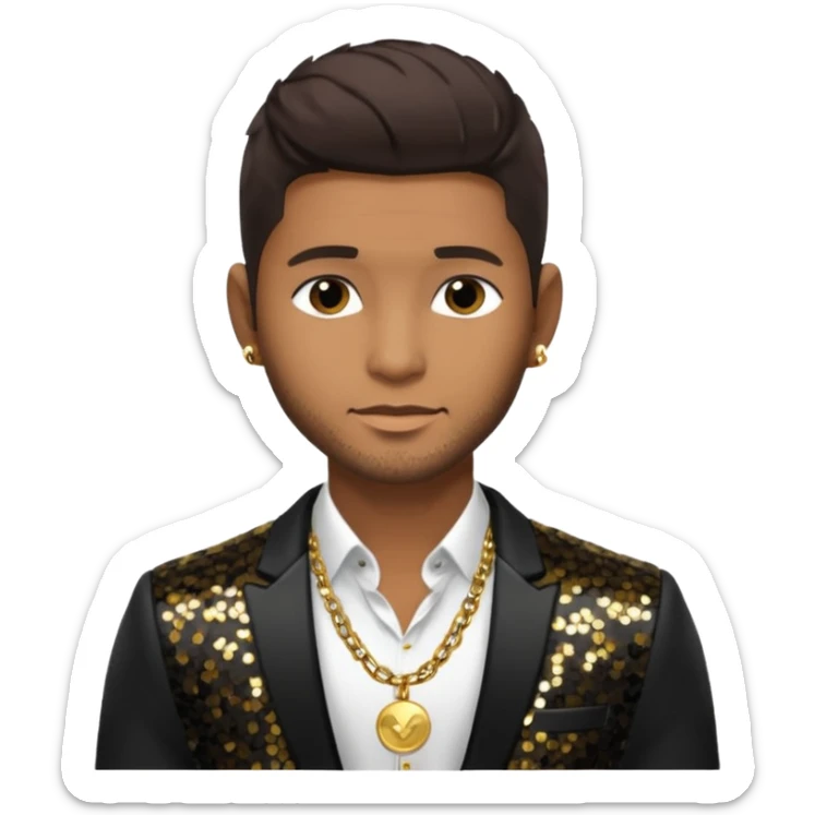Usher with dark brown hair, black sequin suit jacket, shirtless with necklace sticker