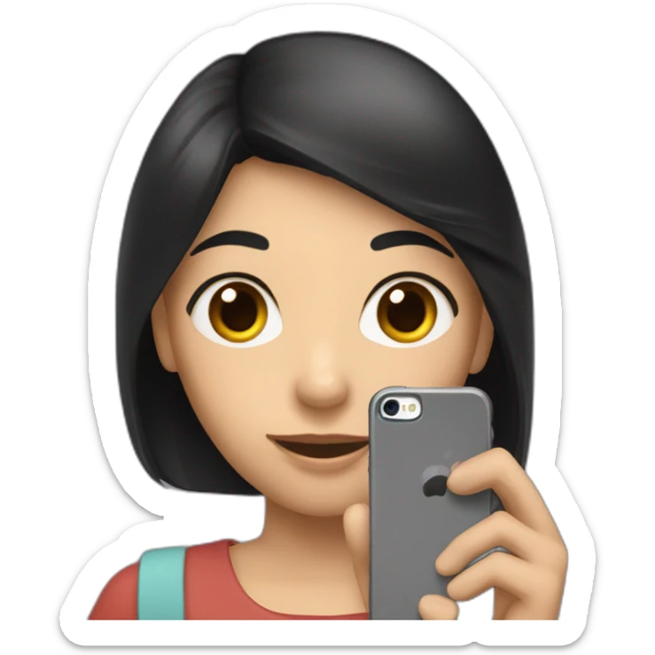 a girl with black hair holds a phone in her hands from which a woman’s hand comes out sticker