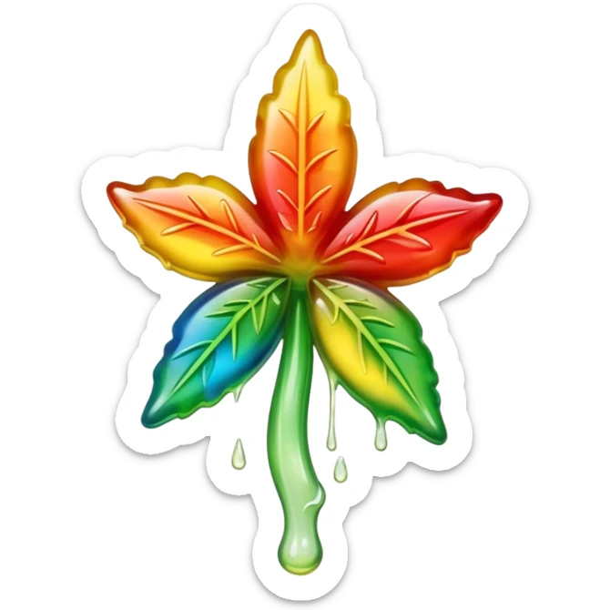 generate an emoji-style image of a juicy gummy shaped like a marijuana flower, make it colorful and with liquid dripping out sticker