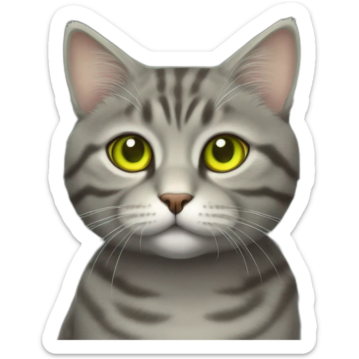 american short hair cat- tabby- a little bit fat- green yellow eyes- the distances between eyes is a little bit far- gray hair- fluffy- looks cute sticker