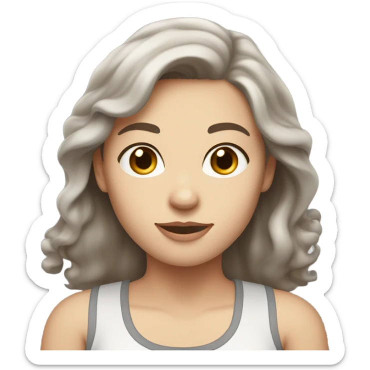 A white-skinned woman with slightly wavy brown hair below her shoulders, gray eyes, and a milky tank top sticker