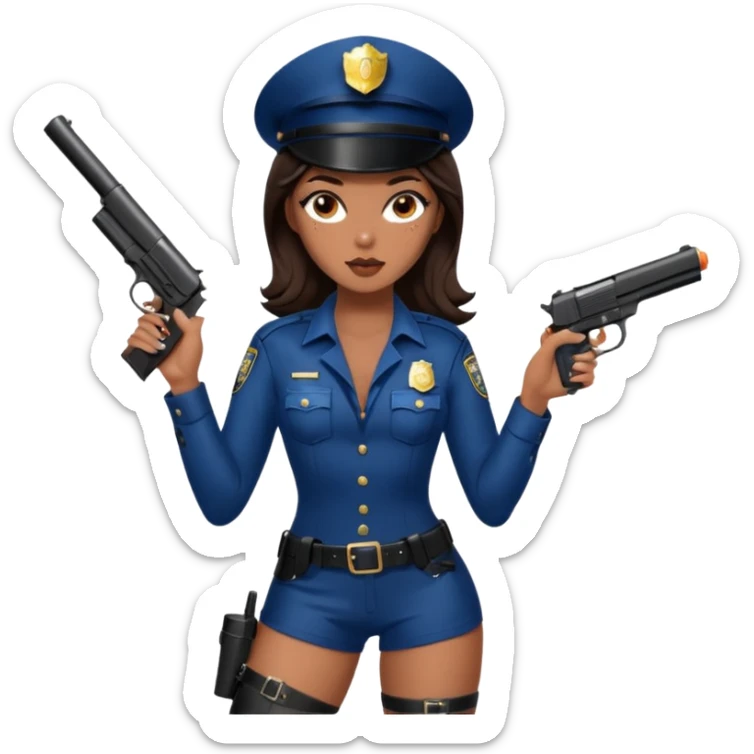 A sexy girl. with caramel skin. Dark brown hair and brown eyes. She has freckles. Wearing sexy makeup. Dressed as a sexy cop. wearing lingerie. Wearing heels on her feet. Holding a gun sticker