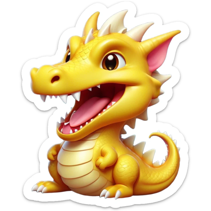 Cinematic Cute Yawning Dragon Portrait Emoji, Head tilted slightly with a dramatic, wide-open yawn, showcasing a soft, lustrous scaled body with gently drooping fins and half-closed, drowsy eyes, Simplified yet irresistibly adorable features, highly detailed, glowing with a soft, cozy mythical glow, high shine, relaxed yet expressive, stylized with a dash of fantastical charm, soft glowing outline, capturing the essence of a sleepy yet affectionate dragon that seems ready to stretch out and rest in its enchanted lair! sticker