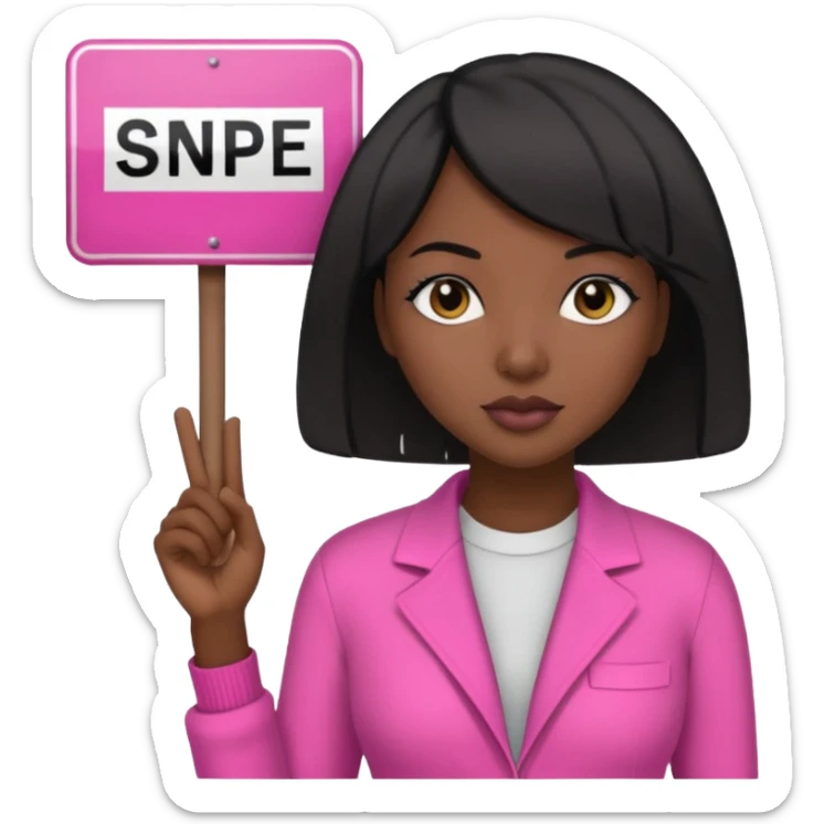 Dark skin woman with black bob in hair holding sign that says snipe  wearing pink outfit  sticker
