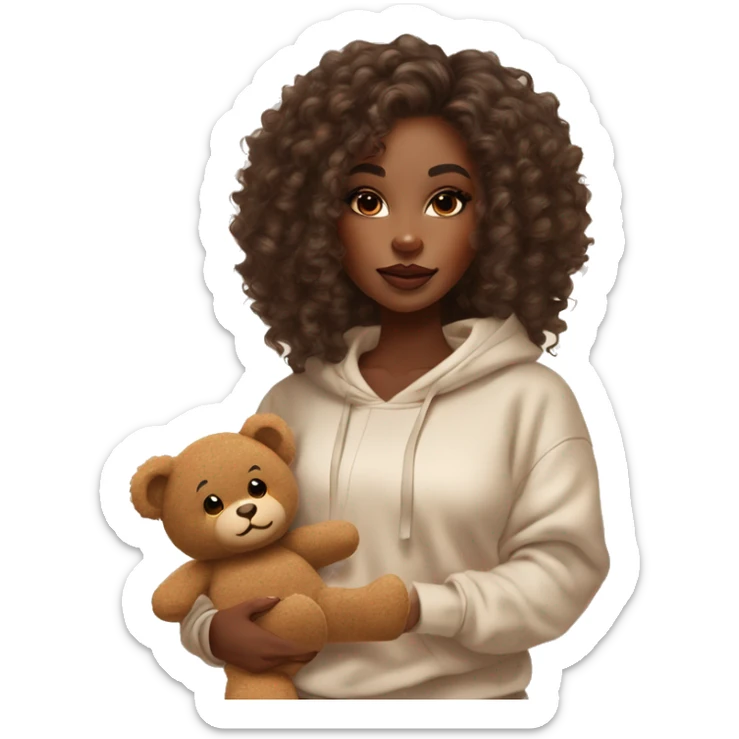 Beautiful black woman with long waste length curly hair with brown highlights, in a cozy sweatsuit in cream color and she is holding a teddy bear in brown, girl wearing makeup long lashes thick glossy lips sticker