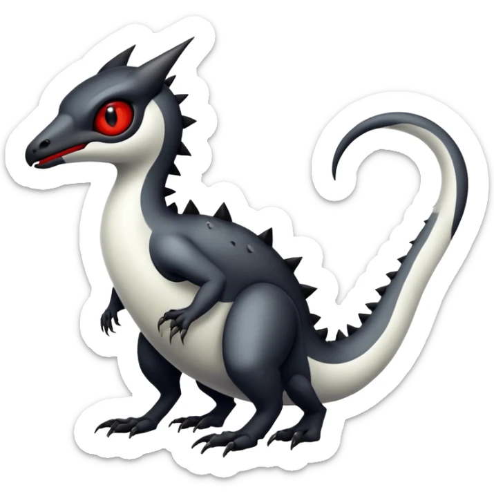 a white exotic edgy vernid-fionbr-Fakémon-creature, with black belly and red eyes, full body sticker