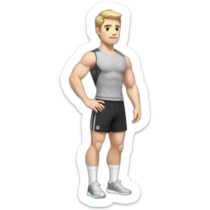 Pale skinned Fit Man With the biceps and dark brown hair in black shirt, gray sports shorts and white Sneakers Relies on the crossbar sticker