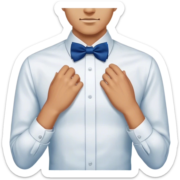 
a man's hand straightens a dark blue bow tie on the collar of a white shirt sticker