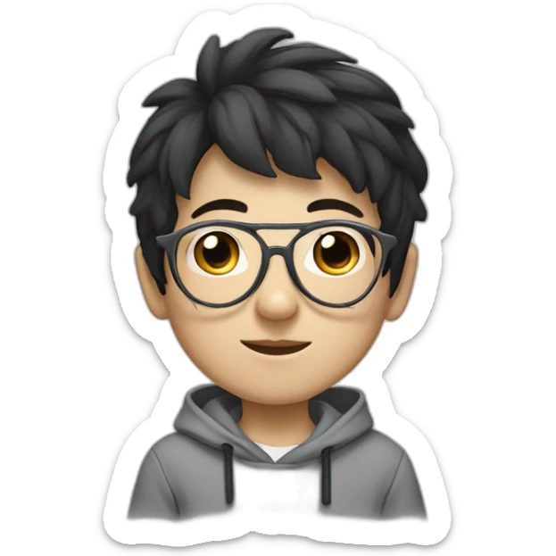 young boy with korean style black hair / big nose/ grey hoody / white glasses / white glasses sticker