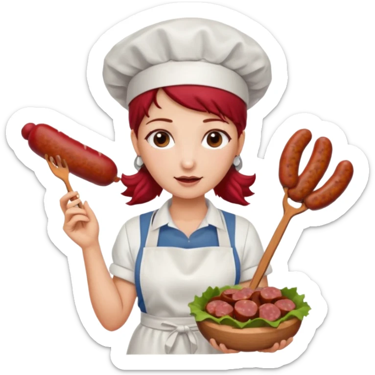 Charcutera con un chorizo y embutido en la mano con una redecilla en el pelo y delantal blanco y añade mucha carne alrededor sticker