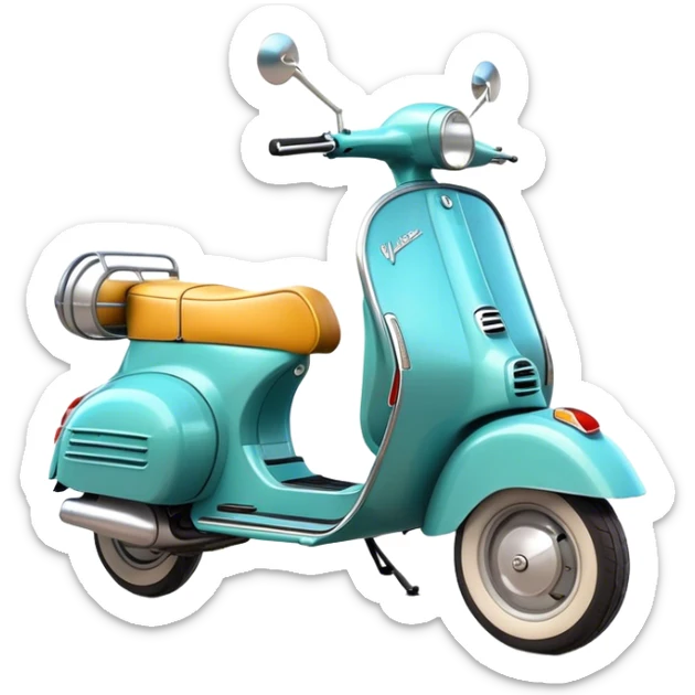 Cinematic Realistic Vespa Scooter Emoji, depicted as a stylish vintage Vespa with sleek retro design and vibrant colors, rendered with crisp textures and dynamic sunlit lighting that captures its iconic Italian charm. sticker