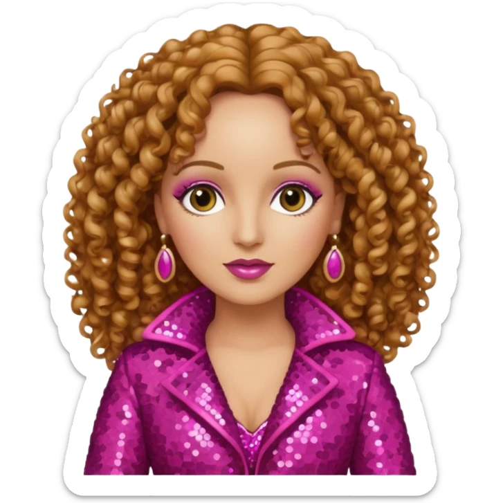 Teena Marie with long golden brown curly hair, dark pink sequin outfit sticker