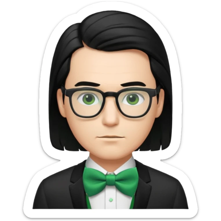 A male nerd with glasses and shoulder length black hair slicked back and wear Green Bow Tie sticker