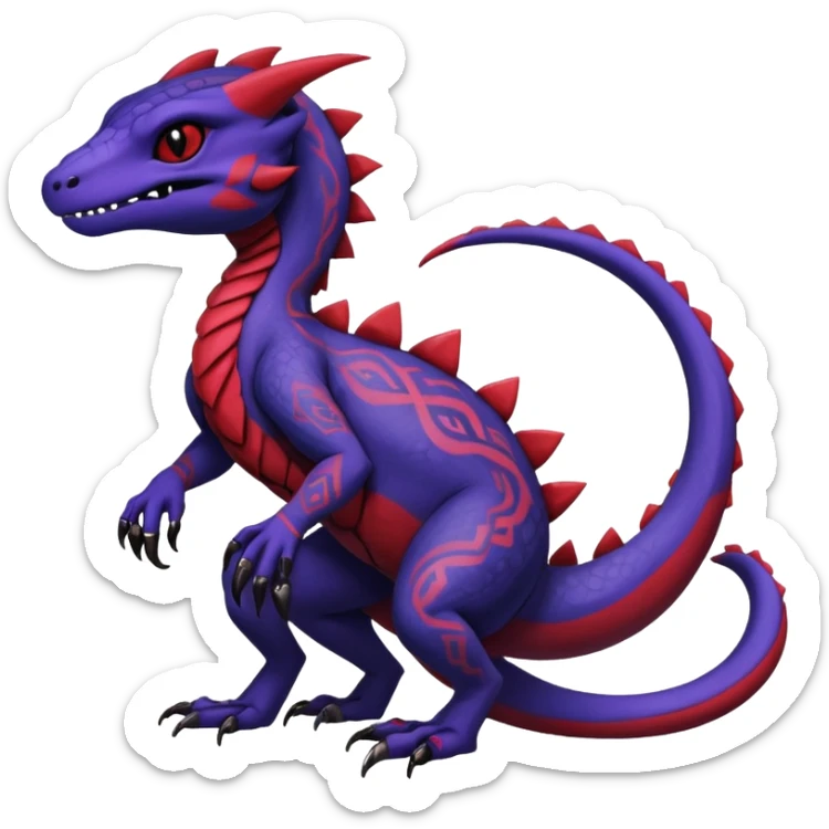 Rare warm-colored exotic gloomy tropical edgy cute epic aesthetic spooky indigo purple white black red gothic colorful Salandit-charmeleon-sergal-species-Fakemon-hybrid-creature, with tribal tattoo markings, full body sticker