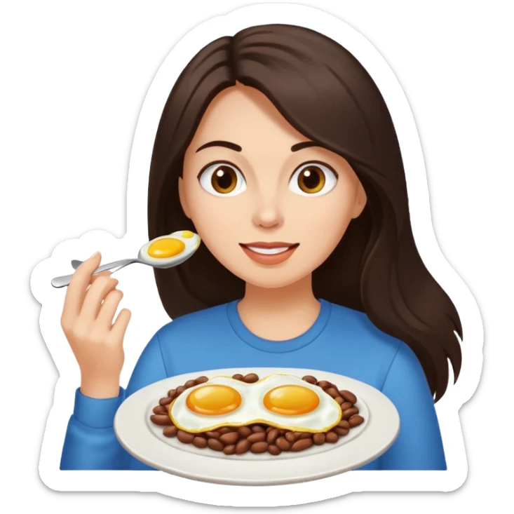 Mujer de pelo cafe oscuro y largo, y tez blanca comiendo huevo frito con frijoles sticker