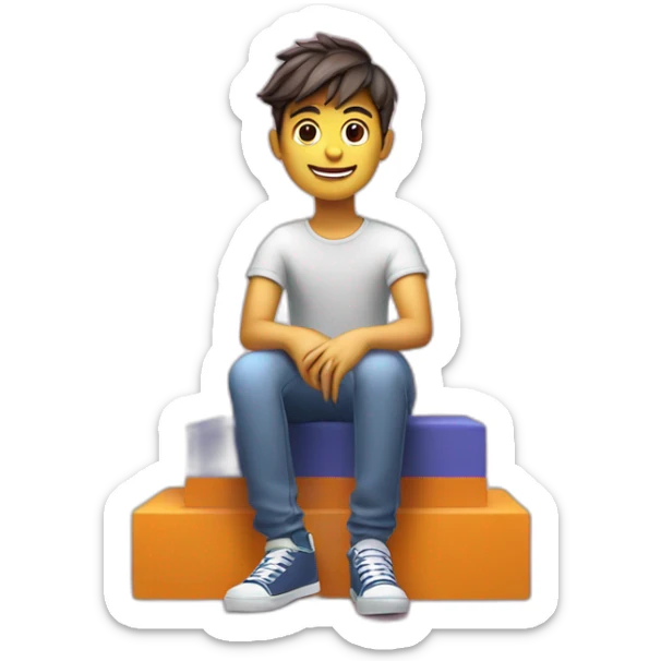 Create a 3D illustration of an animated character of a handsome boy sitting Casually on top of a social media logo"Instagram", the character must wear modern lndia sticker