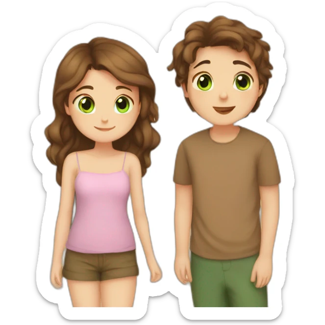 Girl with brown eyes and brown hair kisses boy with brown hair and green eyes and hugs brown fat cats sticker