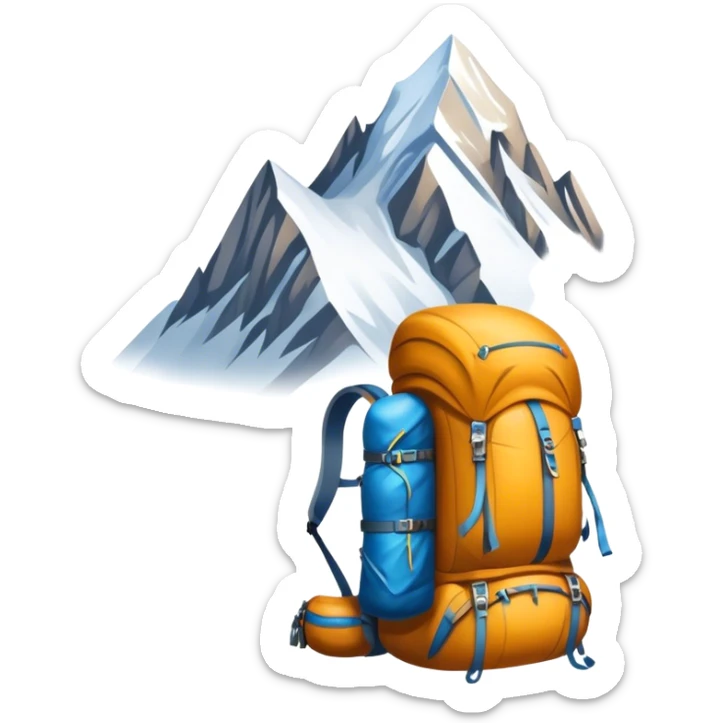 Icon for Mountain Tourism and Climbing: a mountain peak in the background, climbing gear and backpack. The icon should capture the adventure and challenge of alpine exploration. Transparent background. sticker