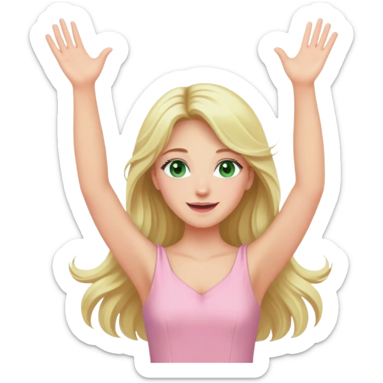 blonde with long hair and swamp green eyes, pink pastel dress, arms raised in joy sticker
