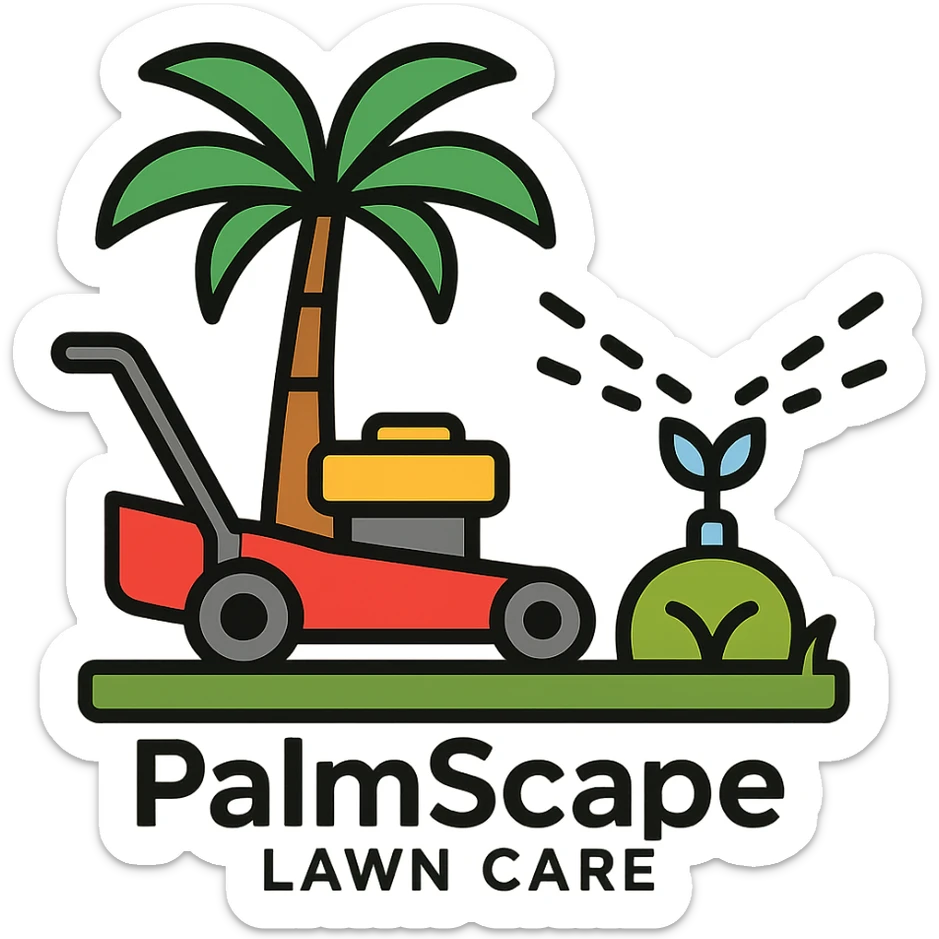 Add the company name text 'PalmScape Lawn Care' in a clear, friendly font below the logo. sticker