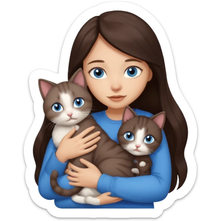 a pretty girl with long dark 
brown hair, with blue eyes, hugs 3 different natural coloured small cats sticker