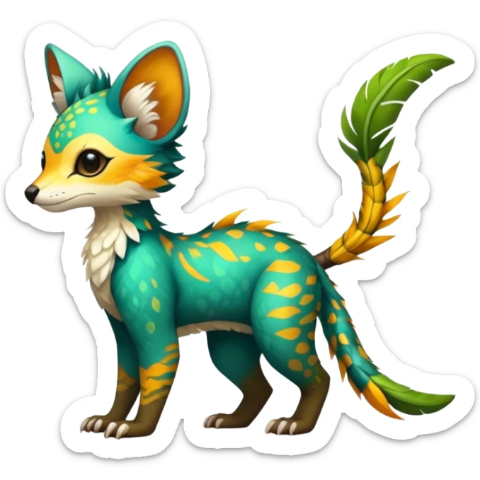 Feral Rare Fantasy vibrant tropical Vernid-Trico-jungle-animal-species-hybrid by LiLaiRa, random markings, tufted tail, tufted ears, full body sticker