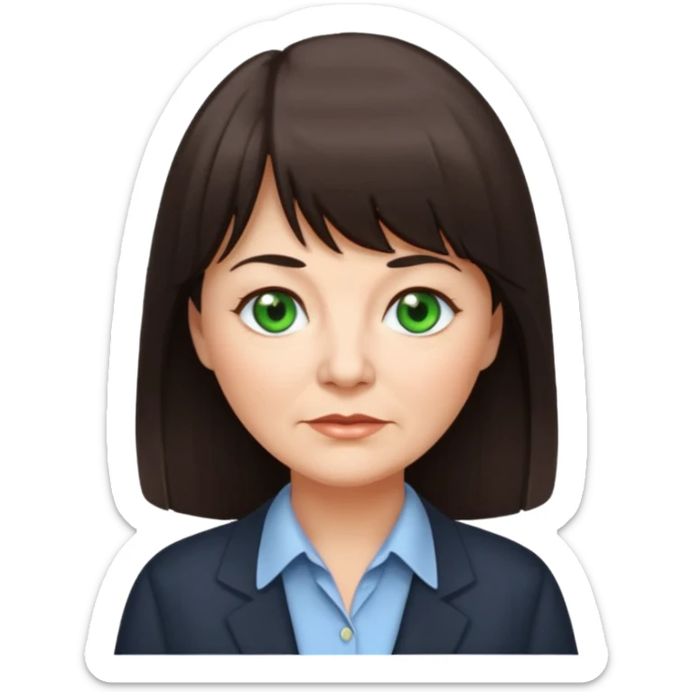 60 yr old woman, green eyes, long straight dark brown hair, business shirt, chubby, bangs sticker