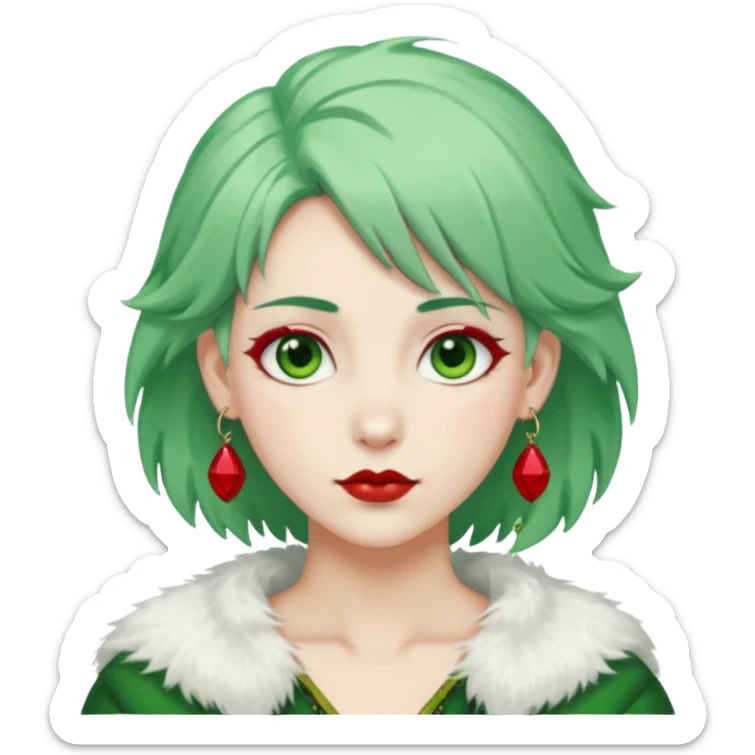 white furred unicorn with green hair and big red earrings looking into camera sticker