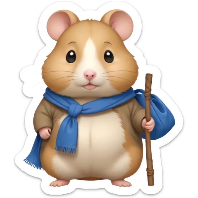 Cute fat cartoon-style hamster, standing upright like a traveler, carrying a stick with a tied blue cloth bundle (bindle) over its shoulder. Painted in a soft, hand-drawn style with light shading, expressive big eyes, and a slightly whimsical, melancholy expression. sticker
