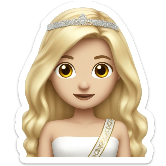 a white pageant girl with long blonde hair and brown eyes with a sash  sticker