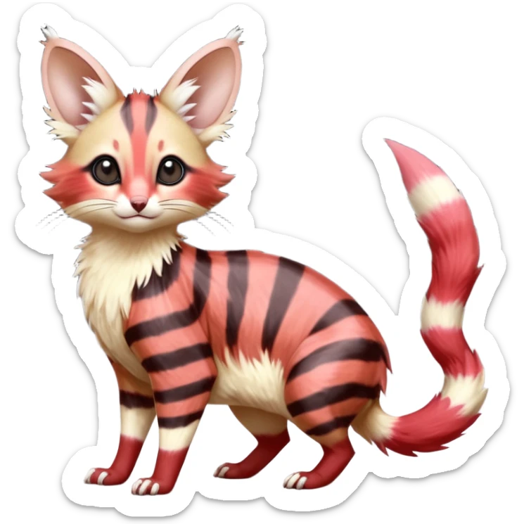 sanguine-red-streaked realistic divine beautiful elegant pretty precious cute young youthful  Fakémon-Pokémon-alien-opossum-feline-serval-caracal-chinchilla-Minccino-hybrid-creature with a big fluffy bushy striped tail (full body) sticker