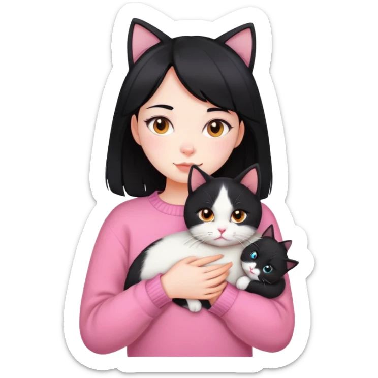 girl with black hair holding a tri-colored cat (black, orange, white) wearing a pink sweater sticker