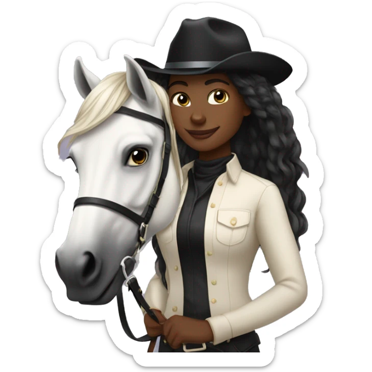 Pretty black equestrian woman long hair cream top holding black stallion reins sticker