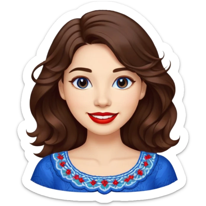 Cheerful woman with clear skin, round face, wide friendly smile, big light brown eyes, vibrant red lipstick, shoulder-length wavy dark brown hair, white top with blue embroidery and electric blue neckline sticker