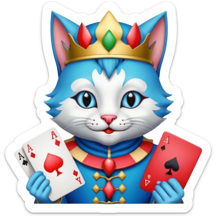 crazy colorful cute little cat jolly joker from poker, medieval, vintage, court jester, mac os icon, blue color, holds poker cards sticker