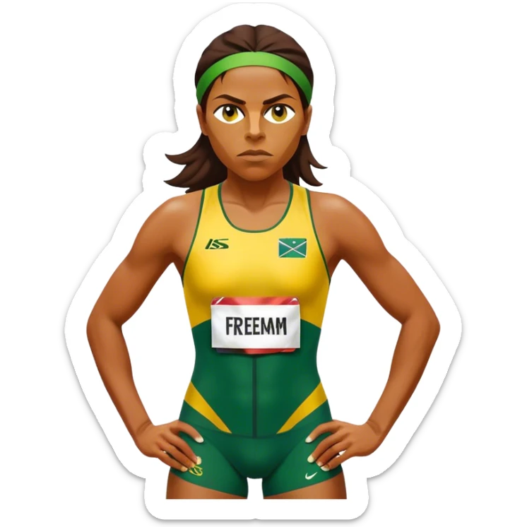 Cinematic Realistic portrait of Cathy Freeman, shown as an iconic Australian sprinter with a focused, determined expression and modern athletic yellow and green attire accented with subtle native motifs, rendered in dynamic, vibrant lighting sticker
