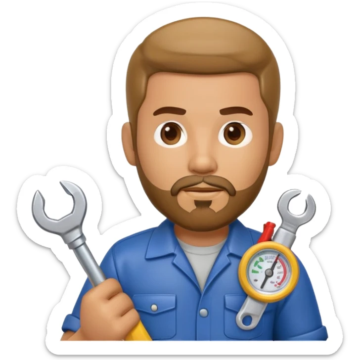 Latino HVAC repairman action figure with goatee beard holding a wrench and refrigerant gauge sticker