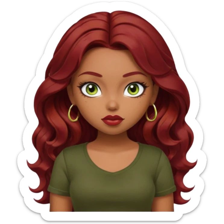 a pretty fair bratz girl with wavy dark red hair, wearing a black tee. eyeliner on, olive green eyes. Till stomach sticker