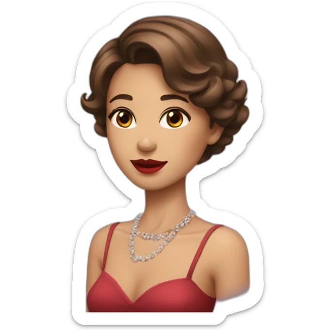 A girl with brown eyes brown short hair wearing necklace and red lipstick  sticker