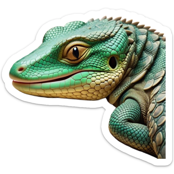 Meme-Worthy cute Sleeping Monitor Lizard Portrait Emoji, Head resting peacefully with a contented smile, showcasing intricately patterned scales and eyes gently closed in serene slumber, Simplified yet comically adorable features, highly detailed, glowing with a soft, drowsy earthy light, high shine, relaxed and utterly lovable, stylized with an air of playful laziness, bright and heartwarming, soft glowing outline, capturing the essence of a sleeping reptilian guardian that feels destined to become the next viral icon of adorable rest! sticker