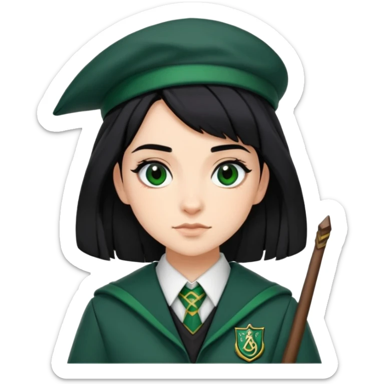 Pansy Parkinson in harry potter, wear hogwarts slytherin uniform, black hair, not wearing hat sticker
