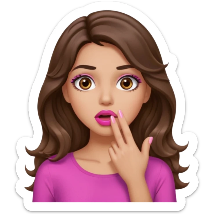 girl with long wavy brown hair, brown eyes, long lashes makeup, sexy pink lips, light to medium complexion, pink sexy top, shocked, hand covering mouth sticker