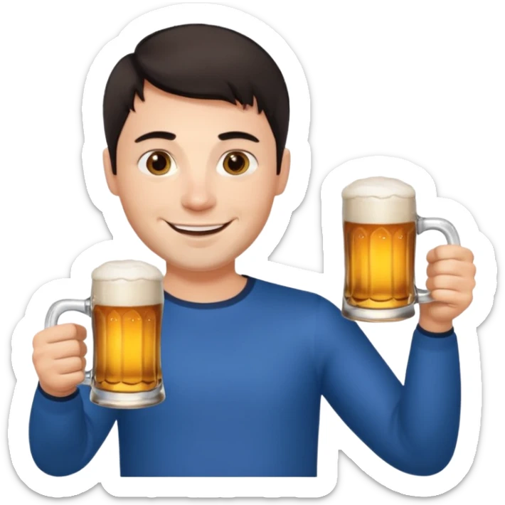 nordic man with short dark hair sitting and holding two mugs of beer sticker