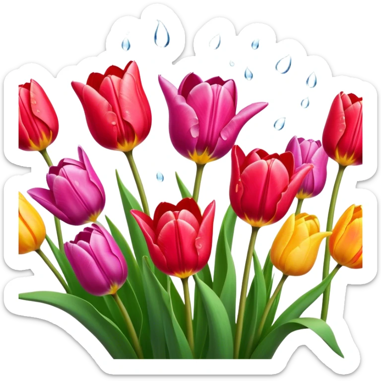 Tulips – Cinematic Realistic Tulips, depicted as a vibrant field of blooming tulips in brilliant hues, each delicate petal catching dewdrops under soft, natural spring light, rendered with detailed textures and a dreamy, picturesque glow. sticker