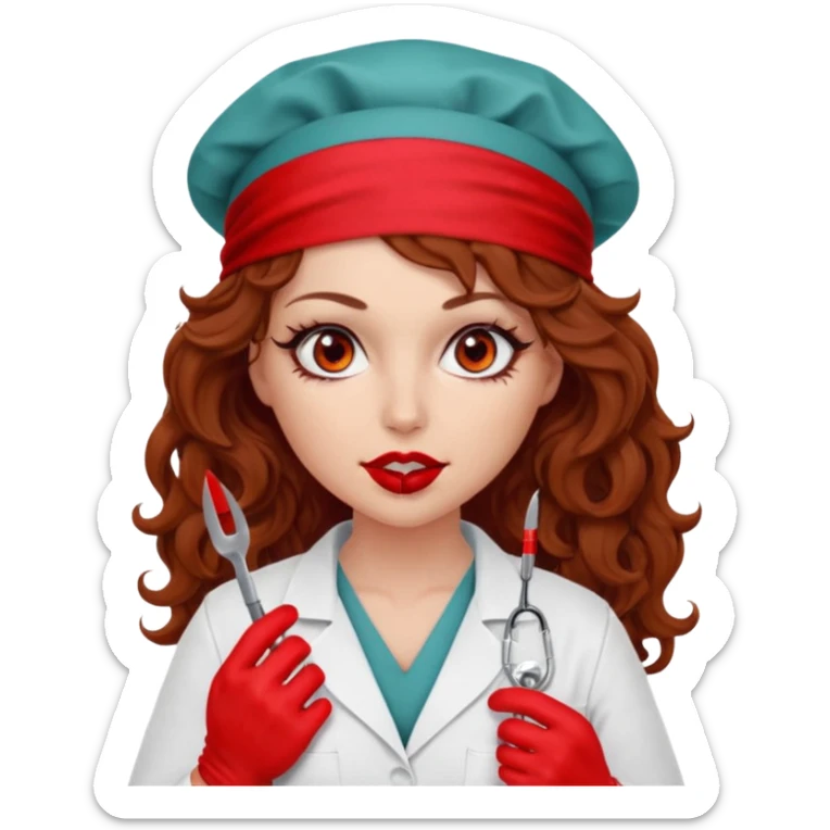 Scary woman scalpel in hand, evil surgeon sexy surgeon clothes.  She has red eyes. Her  brown long curly hair. Wears sexy doctor outfit with red gloves. Only uses red bandanna  to hide her face mouth with red bandana to hide her identity sticker