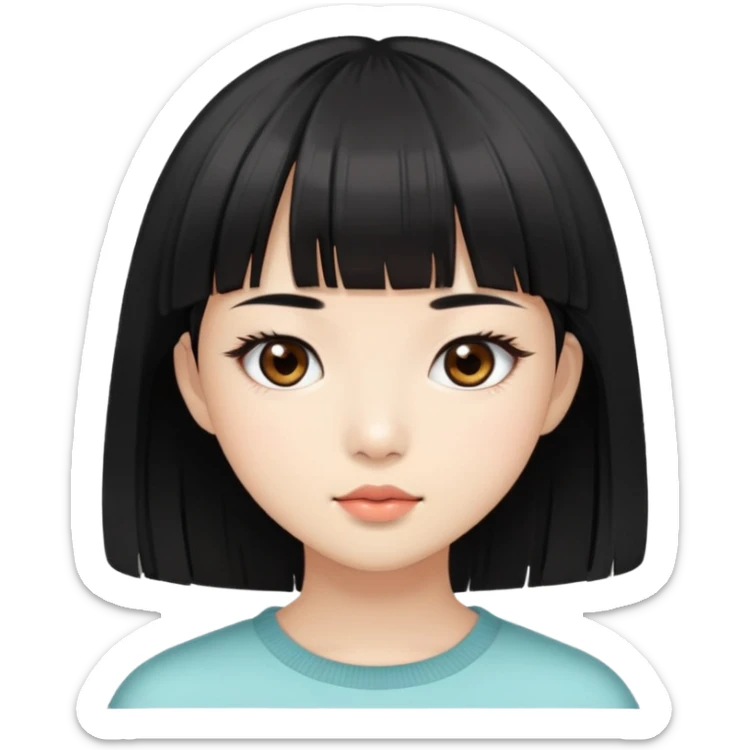 Asian girl with fair skin, brown eyes with long eyelashes, short black hair and bangs sticker